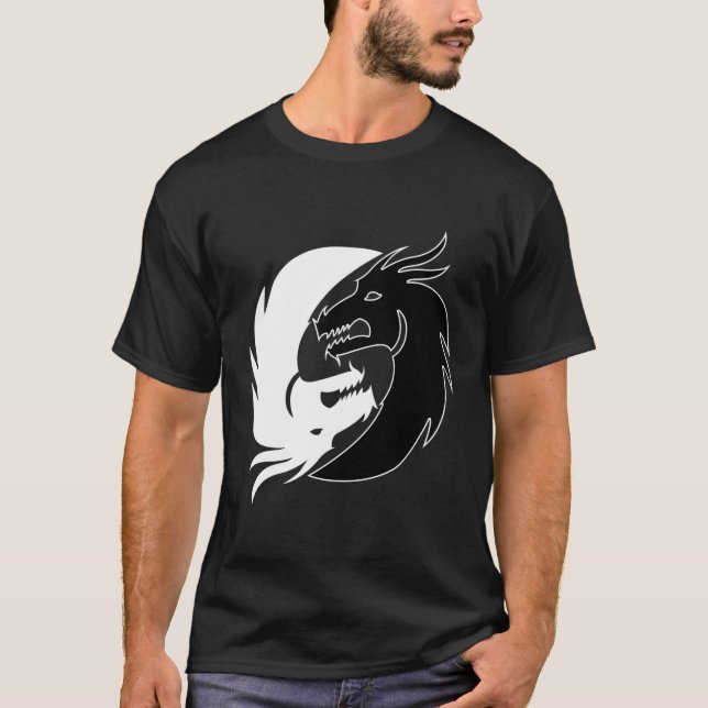 Camiseta Yin e Yang Black White Asian Fantasy Dragon Mito (Frente)