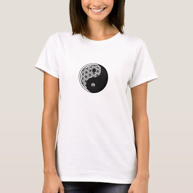 Camiseta yin yang assustada geometria Flor da Vida (Frente)