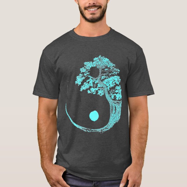 Camiseta Yin Yang Turquoise Blue Bonsai Tree Japonês Zen (Frente)