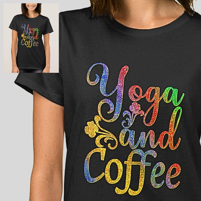 Camiseta Yoga e café Pastel Rainbow em preto (Criador carregado)