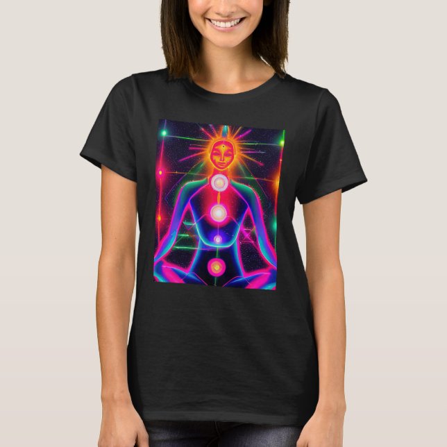 Camiseta Yoga Girl Female Sun Salutation Meditation Chakra  (Frente)