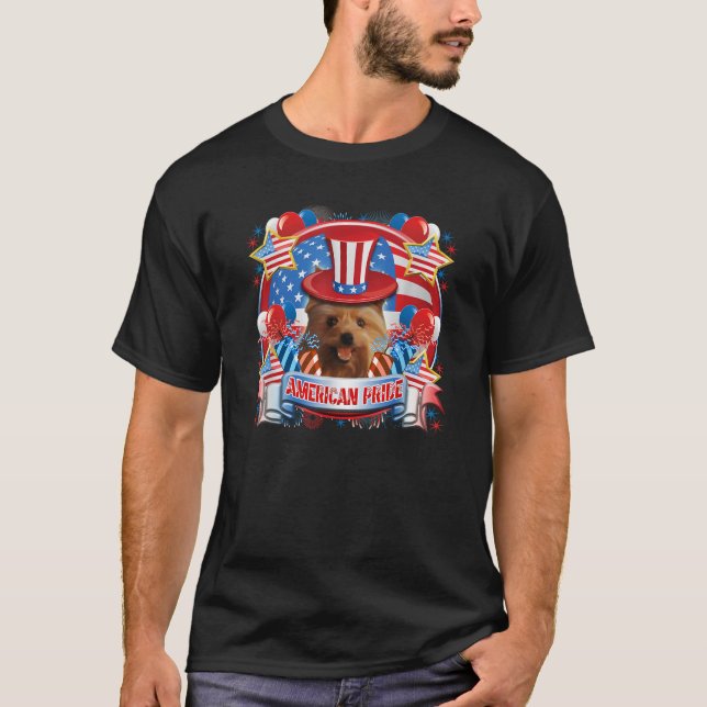 Camiseta Yorkie 4 de julho Cão Patriótico Bandeira dos EUA (Frente)