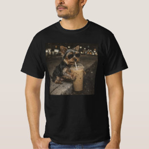 Camiseta Yorkie Bebendo Café Gelado Cachorro Engraçado Meme