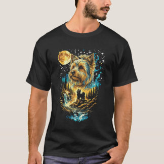 Camiseta Yorkie Cachorro Uivando para a Lua Vintage Engraça