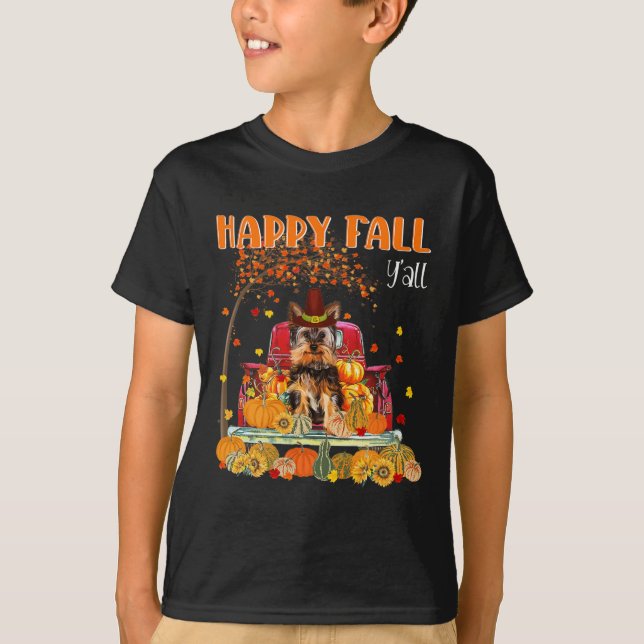 Camiseta Yorkie Dog Autumn Fall Pumpkin Caminhão Mappe Graç (Frente)