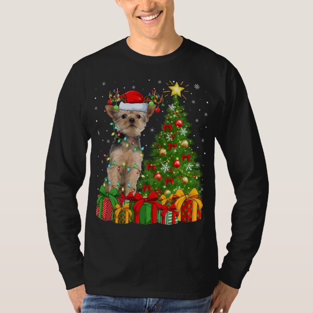 Camiseta Yorkie Dog Lighting Xmas Tree Santa Hat Yorkie Chr (Frente)