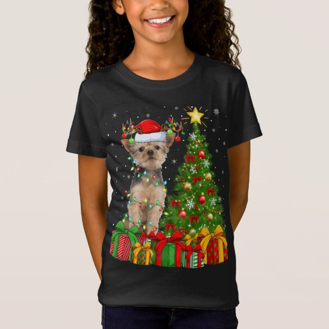 Camiseta Yorkie Dog Lighting Xmas Tree Santa Hat Yorkie Chr (Frente)