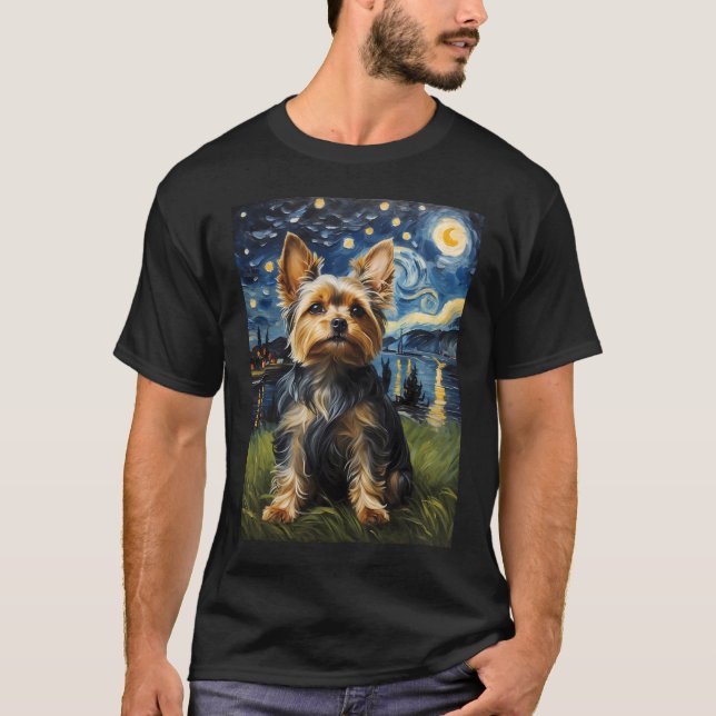 Camiseta Yorkie dog Starry Night, estilo Edvard Munch (Frente)