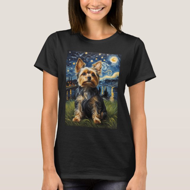 Camiseta Yorkie dog Starry Night, estilo Edvard Munch (Frente)