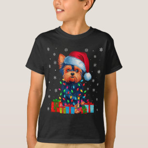 Camiseta Yorkie Dog Ugly Xmas Lights Santa Hat Yorkie Dog C