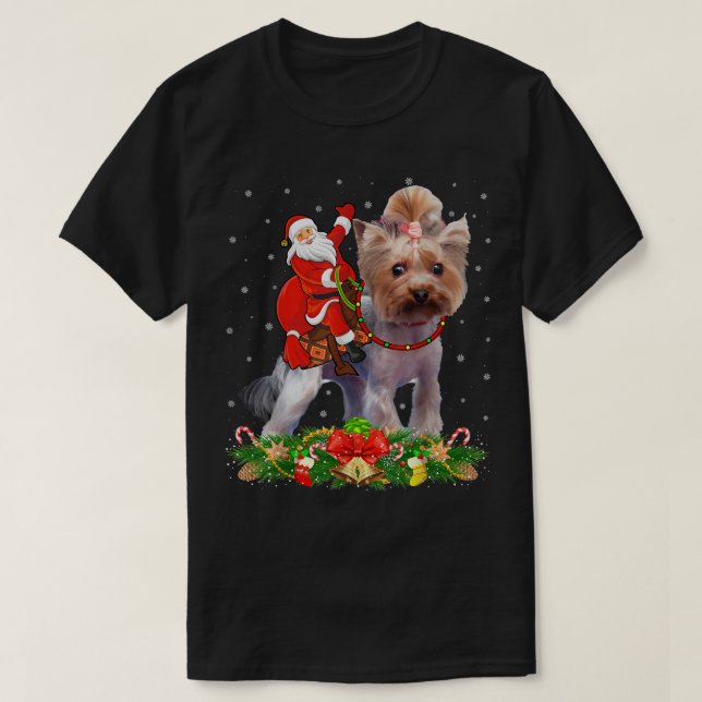 Camiseta Yorkie Dog Xmas Papais noeis Engraçados Andando Yo (Frente do Design)