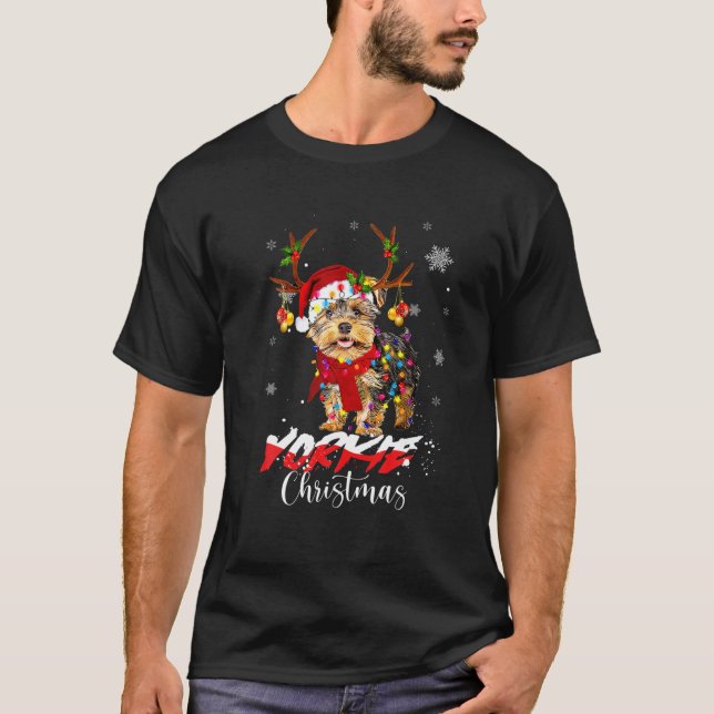 Camiseta Yorkie Lights Papais noeis Cachorros Xmas Pijama d (Frente)