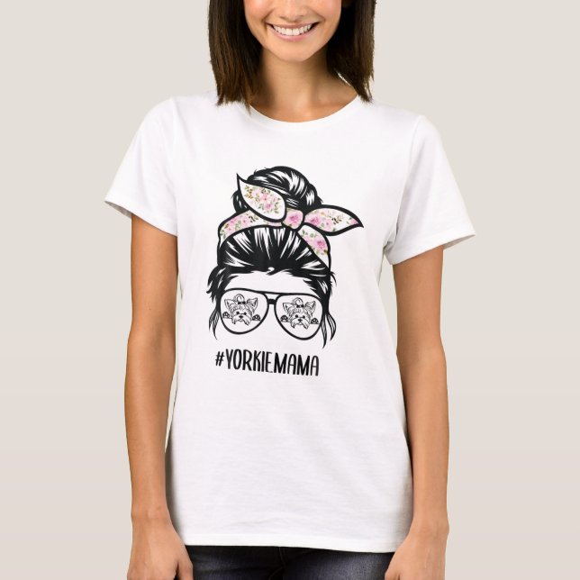 Camiseta Yorkie Mãe Mensy Bun Hair Glass, Yorkshire Terri (Frente)