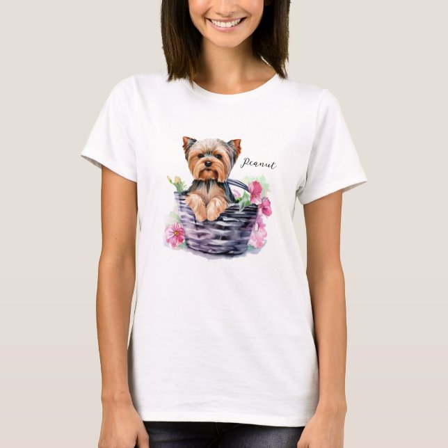Camiseta Yorkie personalizado na Arte de Aquarela de Cesta (Frente)
