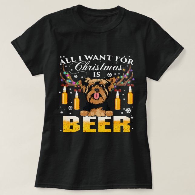 Camiseta Yorkie Reindeer Beer Christmas Ornaments Xmas Ligh (Frente do Design)