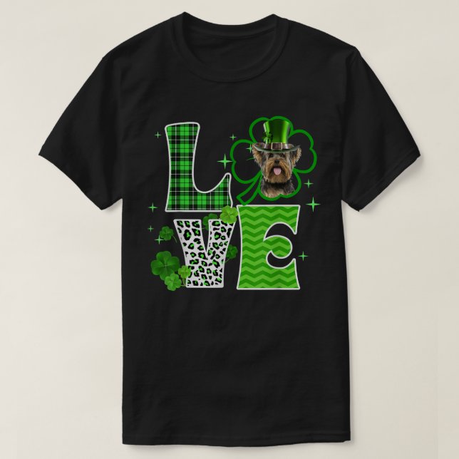 Camiseta Yorkie Shamrock Lucky Clover Dia de São Patrício i (Frente do Design)