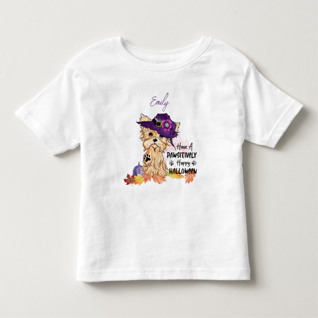 Camiseta Yorkie tem um Dia das Bruxas Feliz Pawsitivamente (Frente)