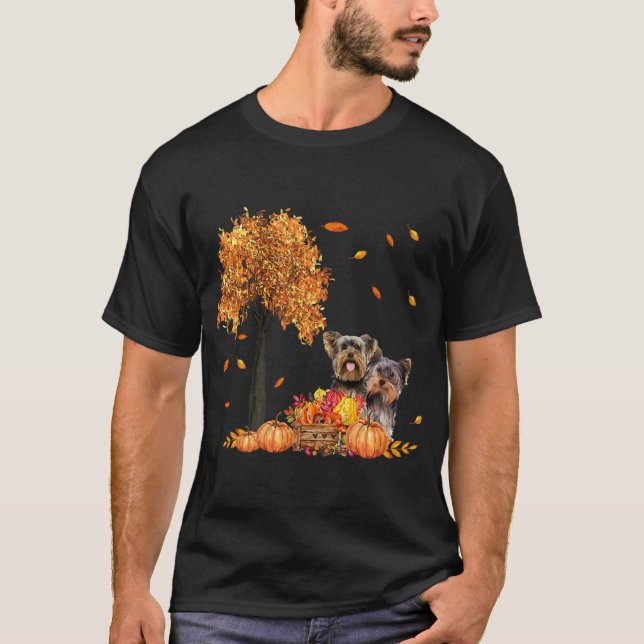 Camiseta Yorkies Autumn Leaf Fall Dog Lover Thanksgiving (Frente)