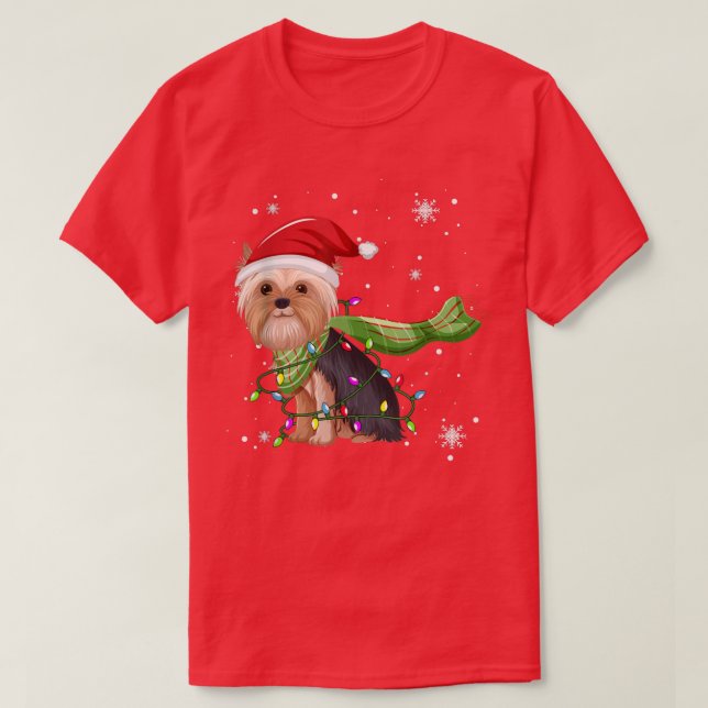 Camiseta Yorkshire Terrier Árvore de Natal Luz Engraçado Na (Frente do Design)
