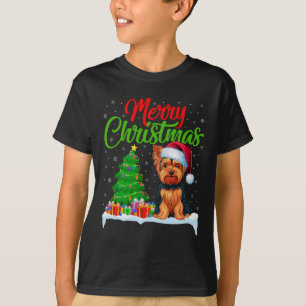 Camiseta Yorkshire Terrier Árvore de Natal Luz Engraçado Na