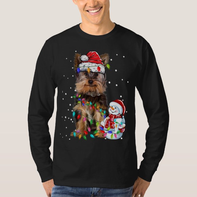 Camiseta Yorkshire Terrier Christmas Santa Hat Xmas Lights (Frente)