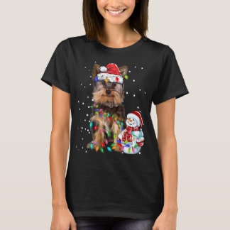 Camiseta Yorkshire Terrier Christmas Santa Hat Xmas Lights
