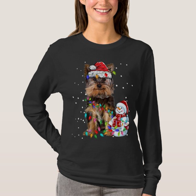 Camiseta Yorkshire Terrier Christmas Santa Hat Xmas Lights (Frente)