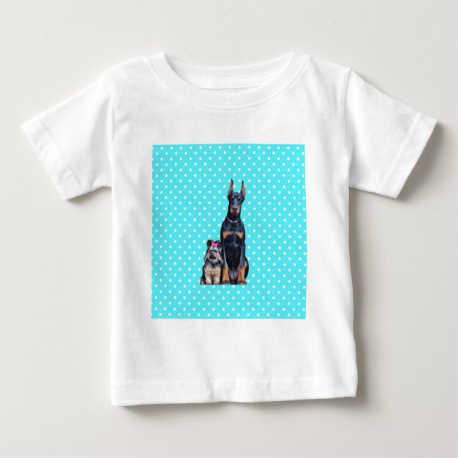 Camiseta Yorkshire Terrier Doberman Bolinhas azuis (Frente)