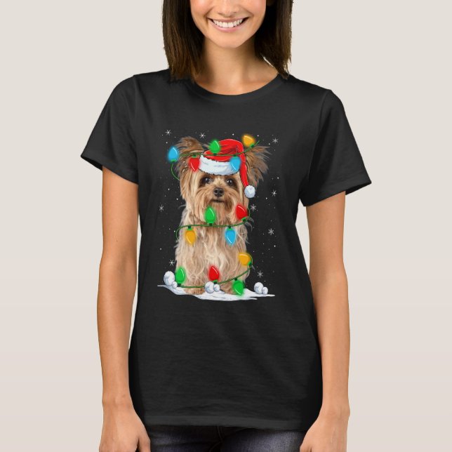 Camiseta Yorkshire Terrier Dog Christmas Lights Funny Santa (Frente)