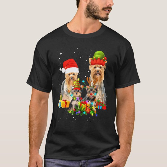 Camiseta Yorkshire Terrier Familiar Luzes de Natal (Frente)