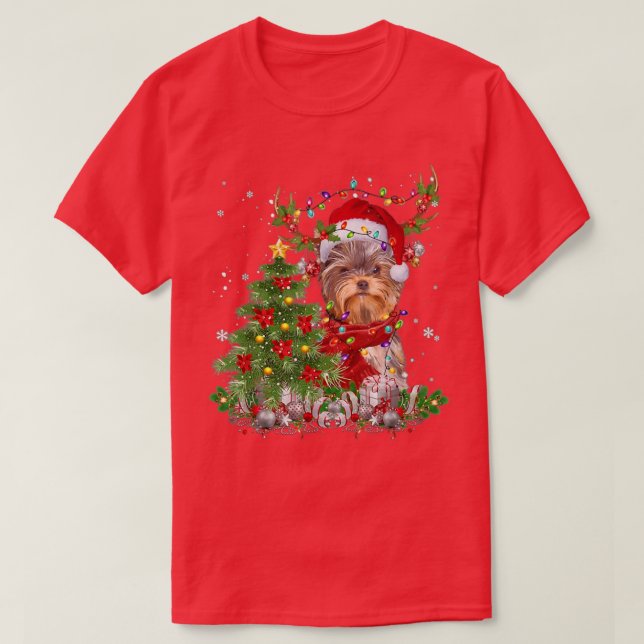 Camiseta Yorkshire Terrier Reindeer Árvore de Natal Light D (Frente do Design)