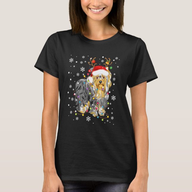 Camiseta Yorkshire Terrier Santa Hat Natal Luzes Natal (Frente)