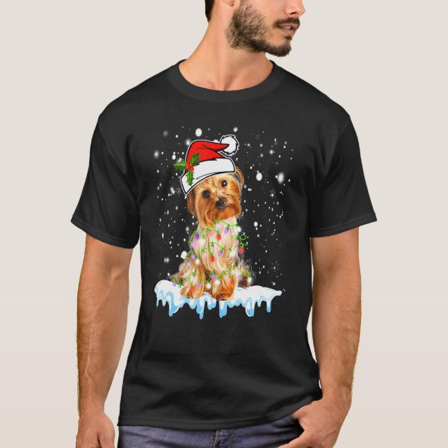 Camiseta Yorkshire Terrier Santa Hat Xmas Lights Dog (Frente)