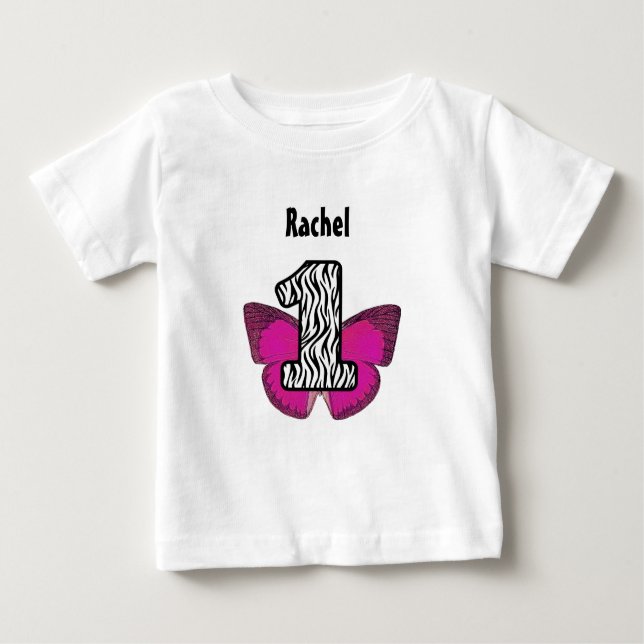 Camiseta Zebra de 1 ano do primeiro aniversário e borboleta (Frente)