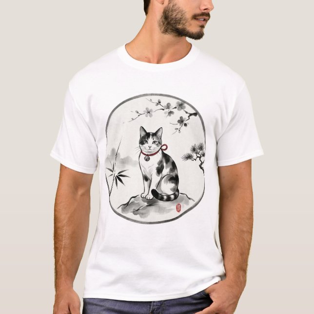 Camiseta Zen Sumi-e Style Ink Wash Cat Art (Frente)