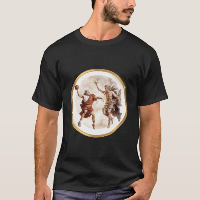 Camiseta Zeus Deus E Ares Jogam Basquete No Céu (Frente)