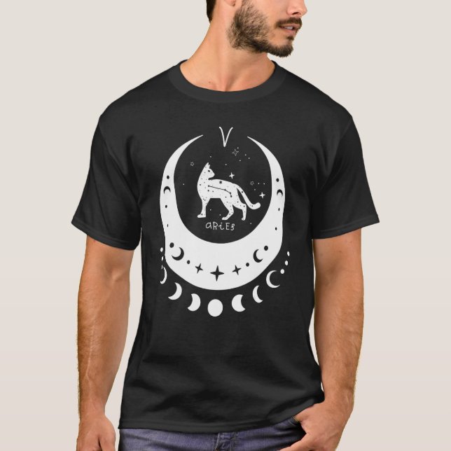 Camiseta Zodiac Aries Horoscope Astrologia Cat Crescent Lua (Frente)