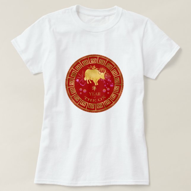 Camiseta Zodiac Ox Red/Dourado ID542 chinês (Frente do Design)