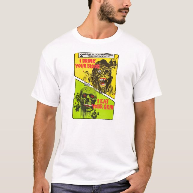 Camiseta Zombi retro: Eu bebo seu sangue - eu como sua pele (Frente)