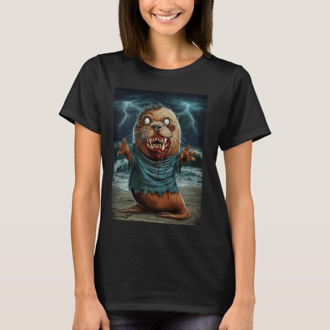 Camiseta Zombie Beaver com Relâmpago Horror De Fundo (Frente)