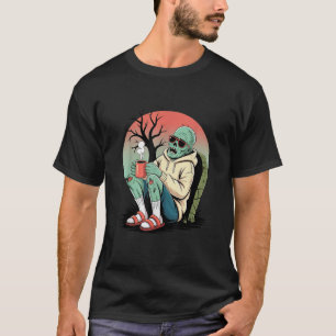 Camiseta Zombie Bebendo Café Cartoon Spooky Chill Morto