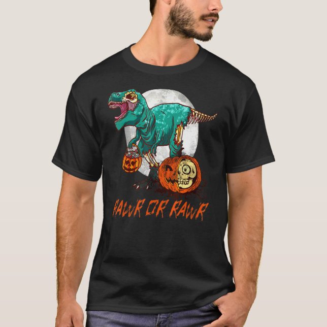 Camiseta Zombie Dinosaur Halloween Pumpkin Moon T Rex Rawr (Frente)
