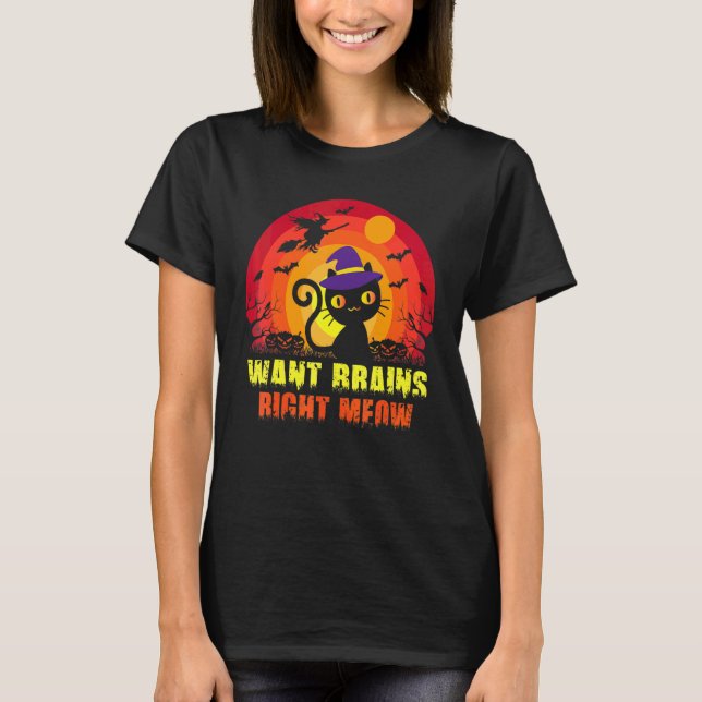 Camiseta Zombie Gato Humorístico Quer Cérebro Agor (Frente)