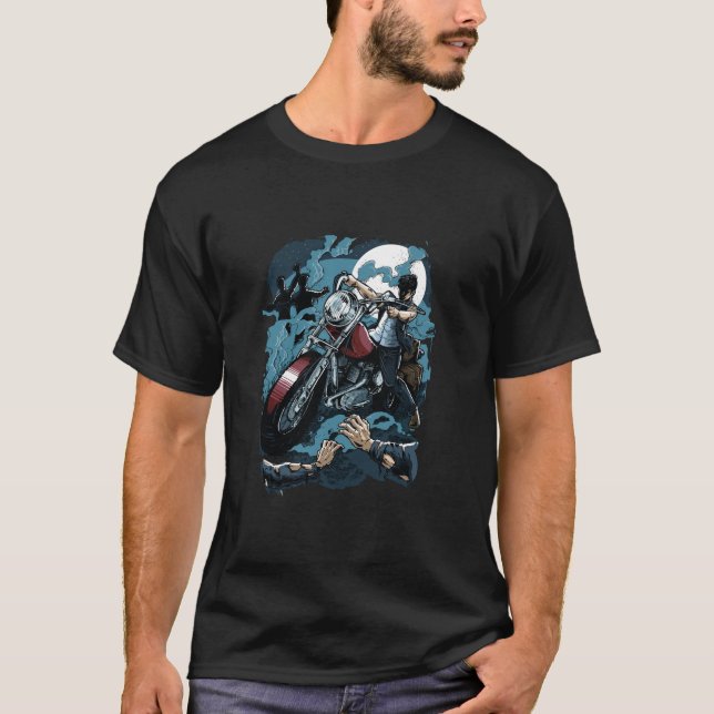 Camiseta Zombie Hunter Biker Tee Dia de as Bruxas engraçado (Frente)