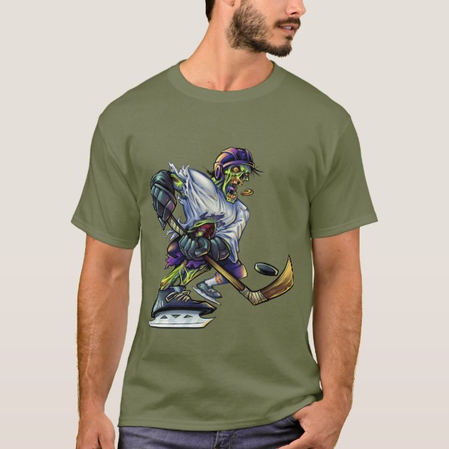 Camiseta Zombie jogador de hóquei Halloween Engraçado mascu (Frente)