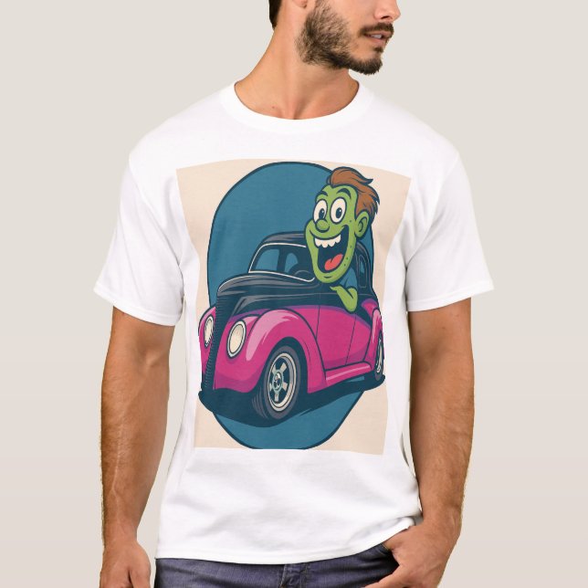 Camiseta Zombie Zipper: Cartoon Ghoul Cruising in a Hot Rod (Frente)