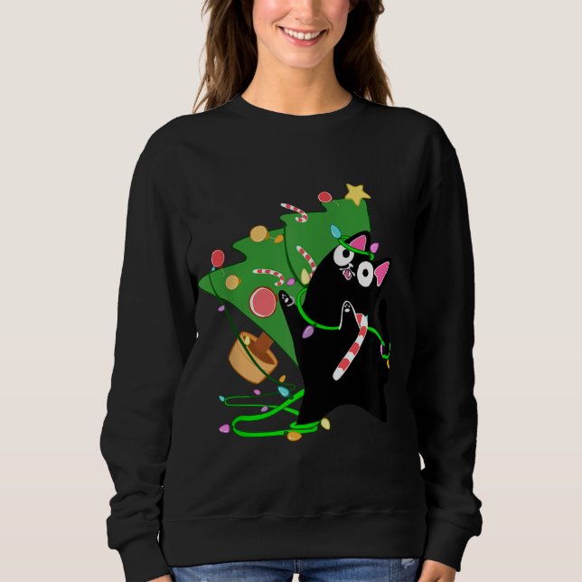 Camiseta Zoomies de Gato Negro de Natal batem na árvore de  (Frente)