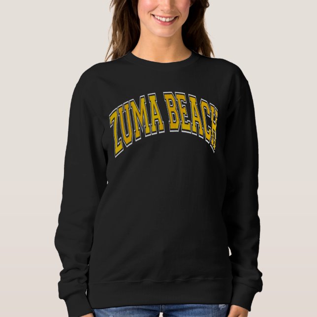 Camiseta Zuma Beach California Ca Varsity Style Texto âmbar (Frente)