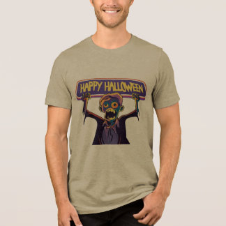 Camiseta Zumbi Colorido Segurando Faixa Feliz de Halloween 