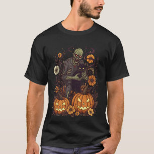 Camiseta Zumbi Vintage com Floral Retro Gato Preto Engraçad